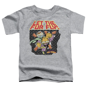 Athletic heather toddler t-shirt with Garfield Let The Fur Fly graphic