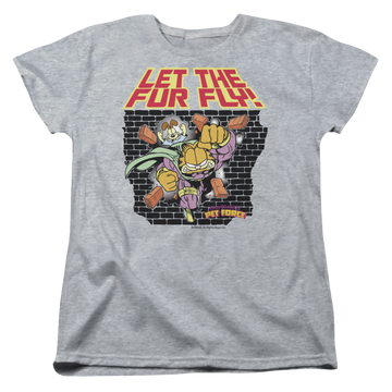 Athletic heather women's t-shirt with Garfield Let The Fur Fly graphic