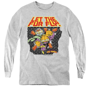 Athletic heather youth long sleeve t-shirt with Garfield Let The Fur Fly graphic