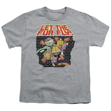 Athletic heather youth t-shirt for ages 8 to 12 with Garfield Let The Fur Fly graphic