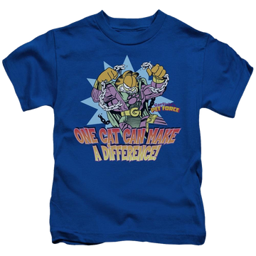 Royal kid's t-shirt for ages 4 to 7 with Garfield Make A Difference graphic