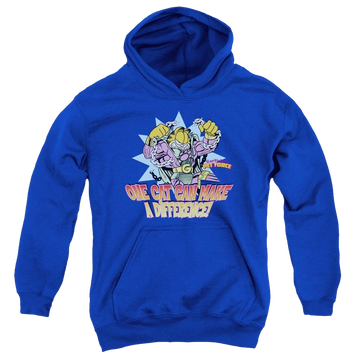 Royal youth hoodie for ages 8 to 12 with Garfield Make A Difference graphic