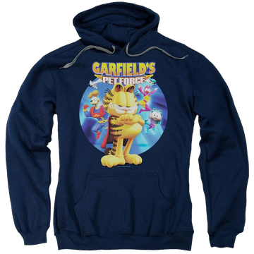 Navy pullover hoodie with Garfield Dvd Art graphic