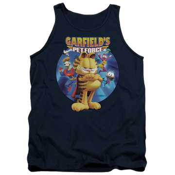 Navy men's tank with Garfield Dvd Art graphic