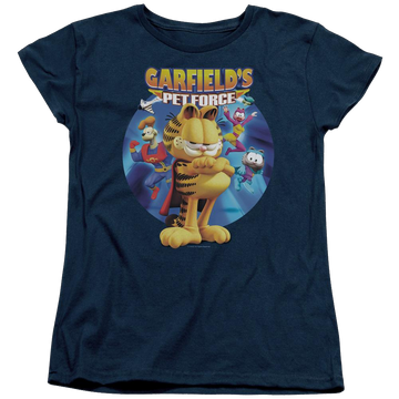 Navy women's t-shirt with Garfield Dvd Art graphic