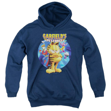 Navy youth hoodie for ages 8 to 12 with Garfield Dvd Art graphic