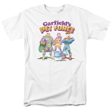 White men's regular fit t-shirt with Garfield Heroes Await graphic