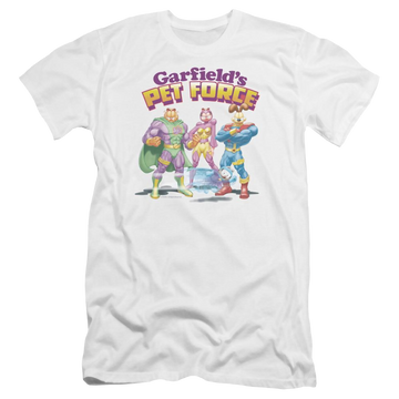 White men's premium slim fit t-shirt with Garfield Heroes Await graphic