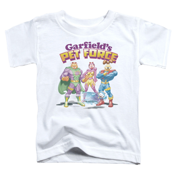 White toddler t-shirt with Garfield Heroes Await graphic