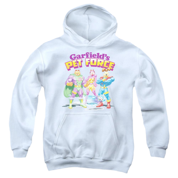 White youth hoodie for ages 8 to 12 with Garfield Heroes Await graphic