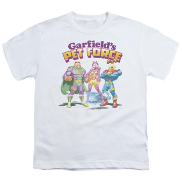 White youth t-shirt for ages 8 to 12 with Garfield Heroes Await graphic
