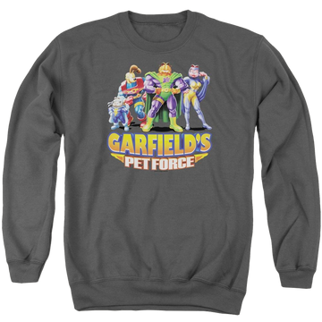 Charcoal men's crewneck sweatshirt with Garfield Beyond graphic