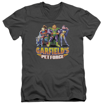 Charcoal men's v-neck t-shirt with Garfield Beyond graphic