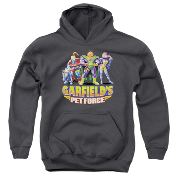 Charcoal youth hoodie for ages 8 to 12 with Garfield Beyond graphic
