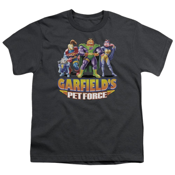 Charcoal youth t-shirt for ages 8 to 12 with Garfield Beyond graphic