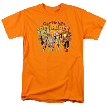 Orange men's regular fit t-shirt with Garfield Pet Force Burst graphic