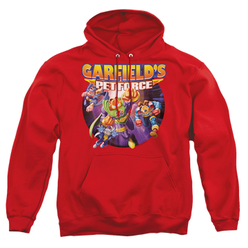 Red pullover hoodie with Garfield Pet Force Four graphic