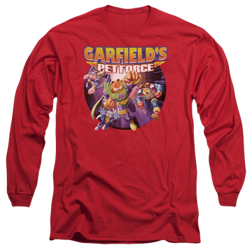 Red men's long sleeve t-shirt with Garfield Pet Force Four graphic