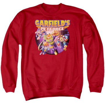 Red men's crewneck sweatshirt with Garfield Pet Force Four graphic