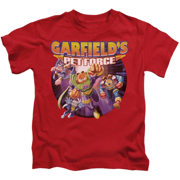 Red kid's t-shirt for ages 4 to 7 with Garfield Pet Force Four graphic