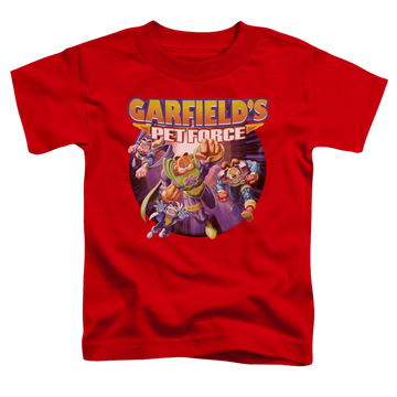 Red toddler t-shirt with Garfield Pet Force Four graphic