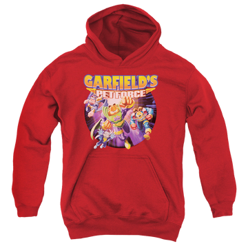 Red youth hoodie for ages 8 to 12 with Garfield Pet Force Four graphic