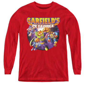 Red youth long sleeve t-shirt with Garfield Pet Force Four graphic