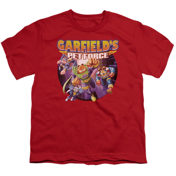 Red youth t-shirt for ages 8 to 12 with Garfield Pet Force Four graphic
