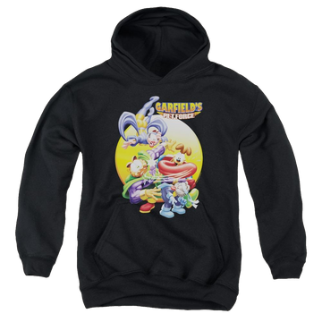 Black youth hoodie for ages 8 to 12 with Garfield Tongue Of Doom graphic