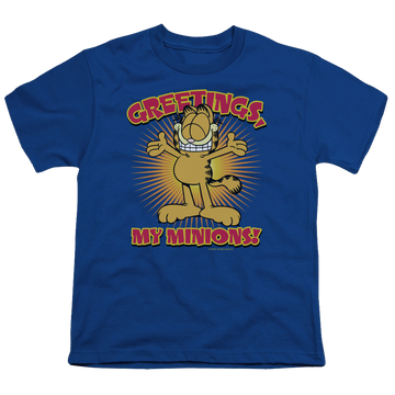 Royal youth t-shirt for ages 8 to 12 with Garfield Minions graphic