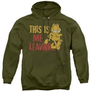 Military green pullover hoodie with Garfield Leaving graphic
