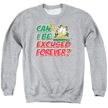 Athletic heather men's crewneck sweatshirt with Garfield Excused Forever graphic