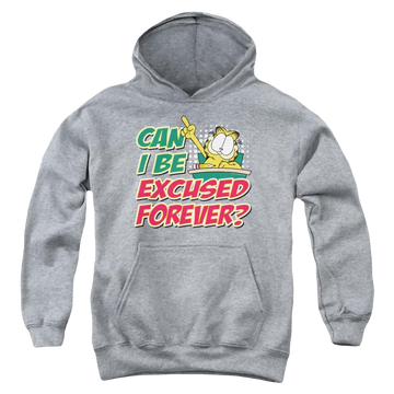 Athletic heather youth hoodie for ages 8 to 12 with Garfield Excused Forever graphic