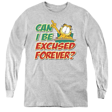 Athletic heather youth long sleeve t-shirt with Garfield Excused Forever graphic
