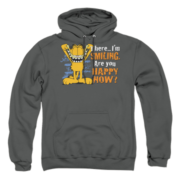 Charcoal pullover hoodie with Garfield Smiling graphic