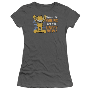 Charcoal juniors t-shirt with Garfield Smiling graphic