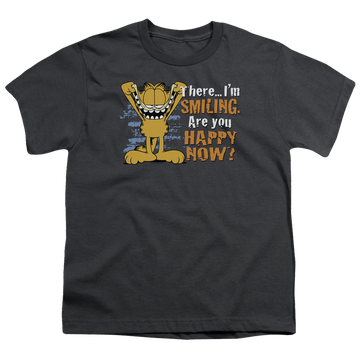 Charcoal kid's t-shirt for ages 4 to 7 with Garfield Smiling graphic