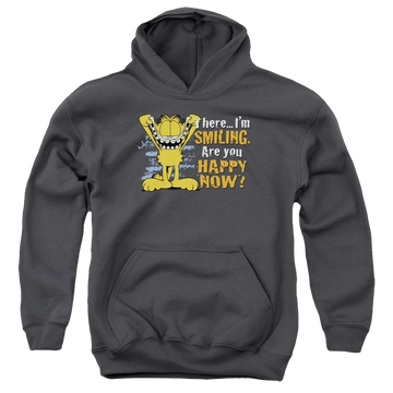 Charcoal youth hoodie for ages 8 to 12 with Garfield Smiling graphic