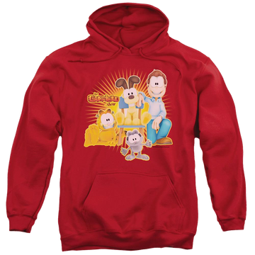 Red pullover hoodie with Garfield Say Cheese graphic