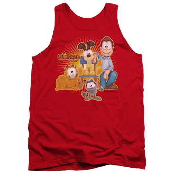 Red men's tank with Garfield Say Cheese graphic