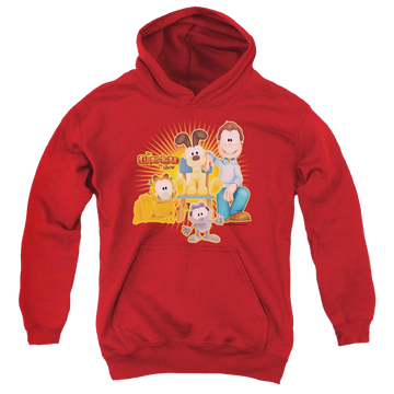 Red youth hoodie for ages 8 to 12 with Garfield Say Cheese graphic