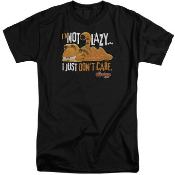 Black men's tall fit t-shirt with Garfield Not Lazy graphic