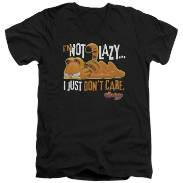 Black men's v-neck t-shirt with Garfield Not Lazy graphic