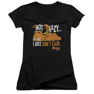 Black juniors v-neck t-shirt with Garfield Not Lazy graphic