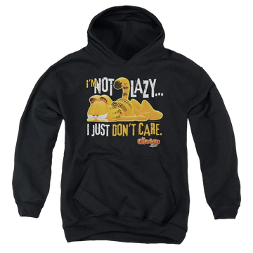 Black youth hoodie for ages 8 to 12 with Garfield Not Lazy graphic