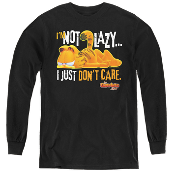 Black youth long sleeve t-shirt with Garfield Not Lazy graphic