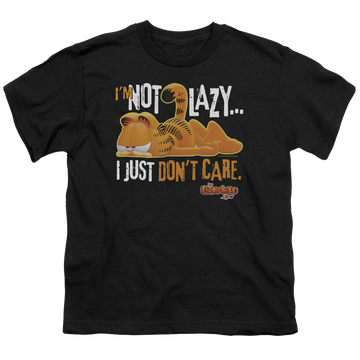 Black youth t-shirt for ages 8 to 12 with Garfield Not Lazy graphic