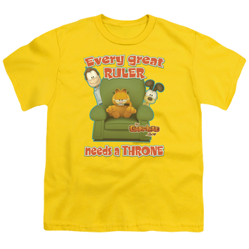 Yellow kid's t-shirt for ages 4 to 7 with Garfield Throne graphic