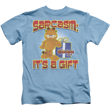 Carolina blue kid's t-shirt for ages 4 to 7 with Garfield Sarcasm graphic