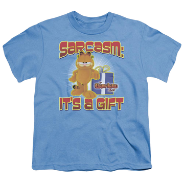 Carolina blue youth t-shirt for ages 8 to 12 with Garfield Sarcasm graphic